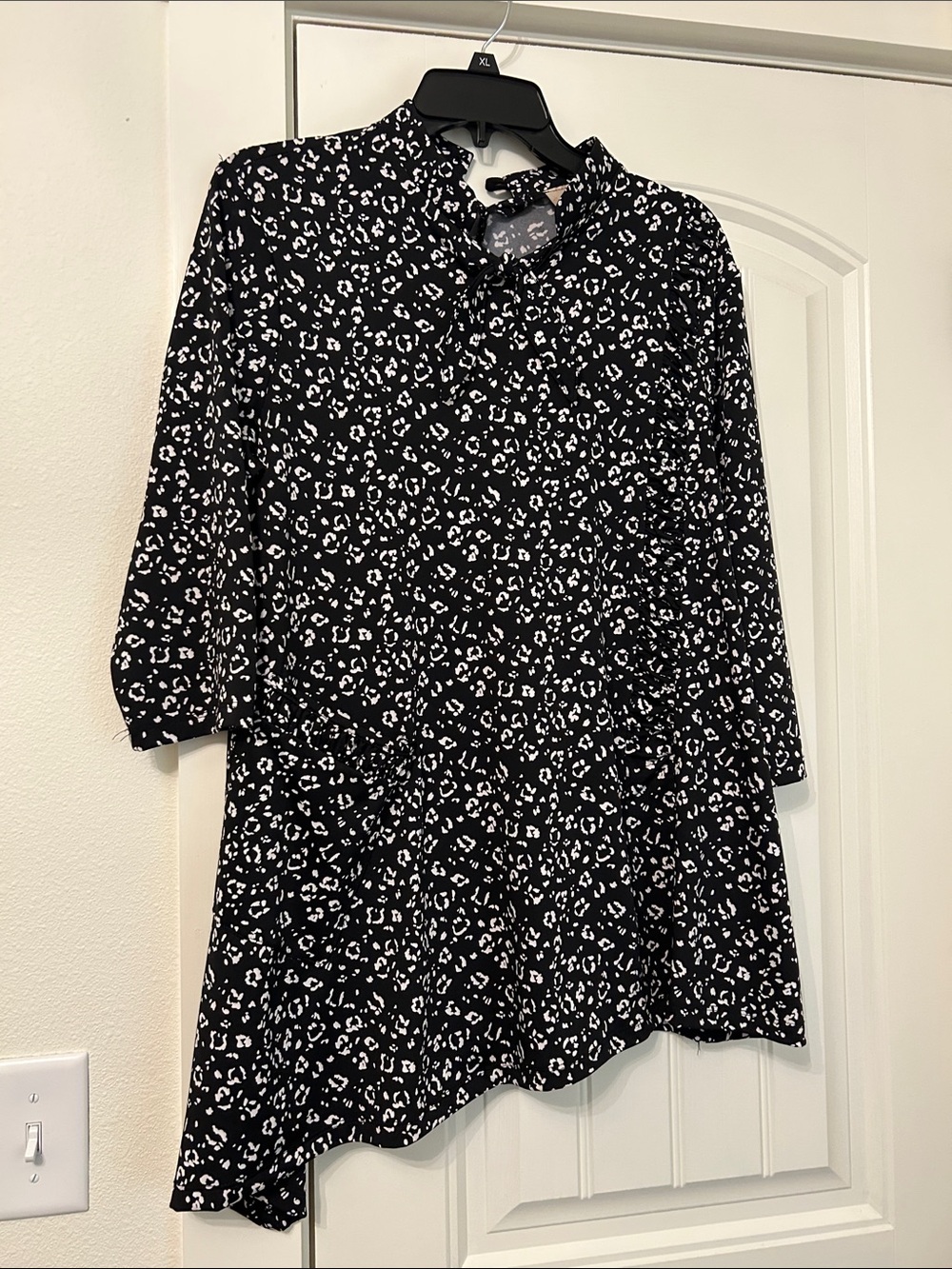 Black & White Floral Tunic Top with Ruffle Neck